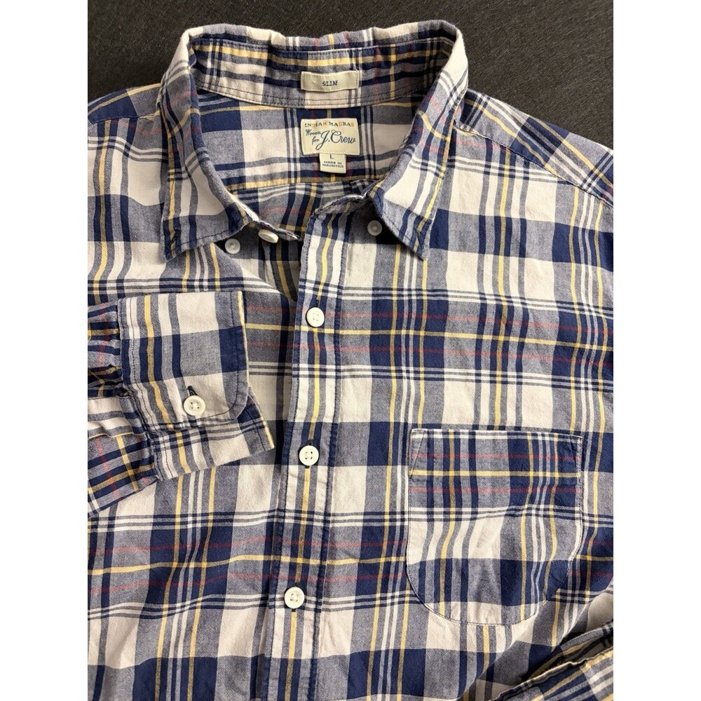 J. Crew Shirt Men L Blue Indian Madras Long Sleeve Button Slim Fit Plaid Flannel